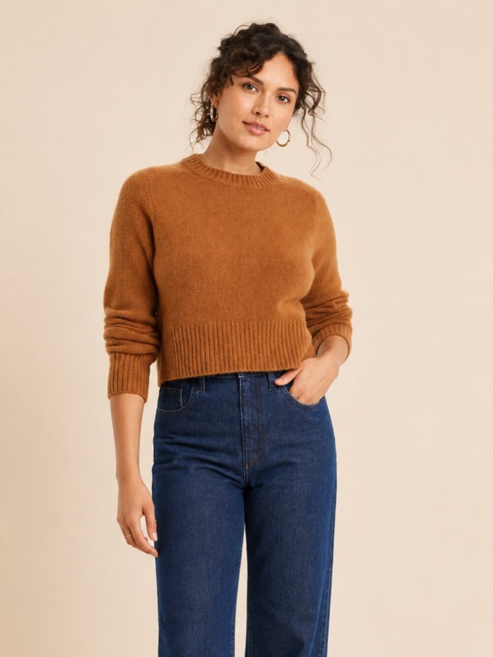 A504-B • Caramel Crew Neck Cashmere-Like Pullover Sweater
